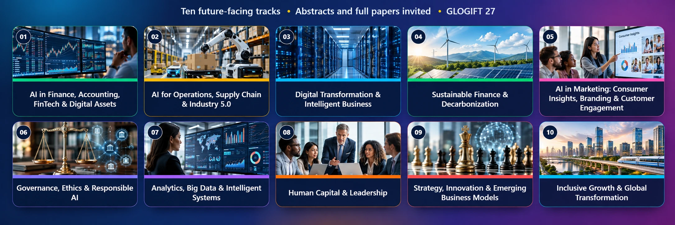 1. AI in Finance, Accounting, FinTech & Digital Assets; 2. AI for Operations, Supply Chain & Industry 5.0; 3. Digital Transformation & Intelligent Business; 4. Sustainable Finance & Decarbonization; 5. AI in Marketing: Consumer Insights, Branding & Customer Engagement; 6. Governance, Ethics & Responsible AI; 7. Analytics, Big Data & Intelligent Systems; 8. Human Capital & Leadership; 9. Strategy, Innovation & Emerging Business Models; 10. Inclusive Growth & Global Transformation